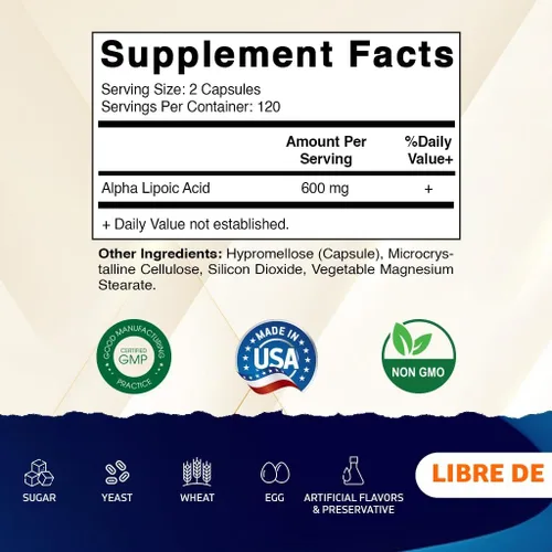 Miniatura 2 de Vitamatic Ácido Alfa Lipoico (ALA) 600mg Por Porción - 240 Cápsulas Vegetales - 120 Porciones - Sin OGM y Sin Gluten