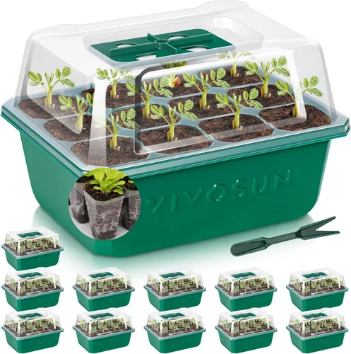VIVOSUN Paquete de 12 bandejas de inicio de semillas, kit de inicio de semillas de 144 celdas con cúpula de humedad, bandejas planas reutilizables