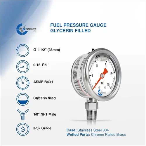 Miniatura 2 de Medidor de presión de combustible de 1-1/2", carcasa de acero inoxidable 304, conexión de latón cromado, relleno de glicerina, 0-15 psi, precisión