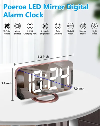 Miniatura 2 de Reloj despertador digital, relojes electrónicos con espejo LED de 7 pulgadas, con 2 puertos de carga USB, modo de suspensión, ajuste automático
