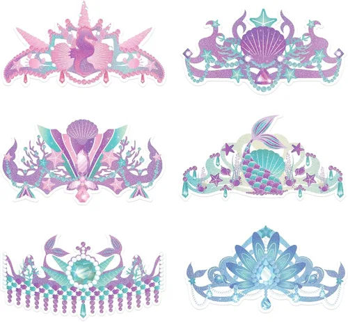 WERNNSAI Coronas de fiesta de sirena, 12 piezas de decoración de fiesta de cumpleaños de sirena, coronas de princesa de papel con purpurina,