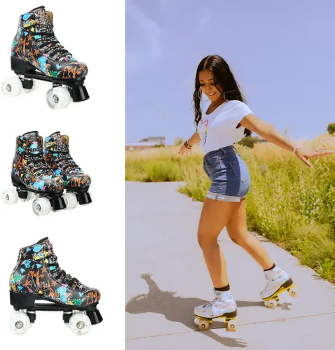 Miniatura 5 de Silvertree Patines de ruedas para mujeres y hombres de cuero de poliuretano de alta calidad para adultos, patines de derby de ruedas ligeras, negro