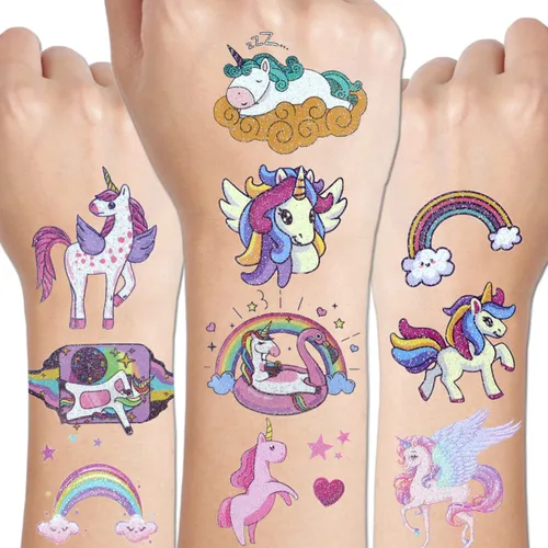 CHARLENT Tatuajes con purpurina para niñas, 110 tatuajes temporales con purpurina para niñas, regalos de fiesta de cumpleaños, rellenos de bolsas de