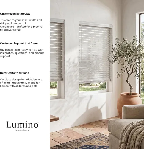Miniatura 10 de Lumino - 2" Cordless Smooth Slat Faux Wood Window Blinds for Home - 29.5" W x 60" L - White, Faux Wood Blinds for Indoor Windows, Room Darkening