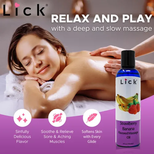 Miniatura 5 de Lick Aceite de masaje con sabor a fresa y plátano, aceite de masaje comestible de fruta dulce cremosa con vitamina E, deslizamiento suave y seguro