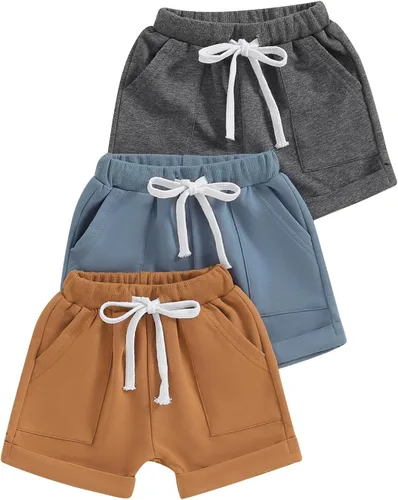 ROLZMOR Paquete de 3 pantalones cortos de color sólido para bebé, cintura elástica, pantalones cortos casuales para primavera y verano