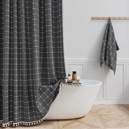 Miniatura 28 de BTTN Juego de cortinas de ducha estilo bohemio de granja con borlas, tela rústica de lino resistente, repelente al agua, cortinas de ducha gruesas A