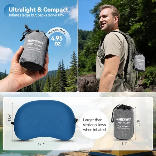 Miniatura 5 de MARCHWAY Almohada inflable ultraligera para acampar con funda suave y lavable, compacta, compresible, portátil, para campamento al aire libre, Azul