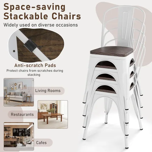 Miniatura 7 de COSTWAY Tolix - Sillas de comedor estilo industrial, apilables, de metal, con asiento de madera, juego de 4 (color blanco y marrón)