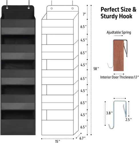 Miniatura 2 de TYMENSH Organizador para colgar sobre puerta con 5 bolsillos grandes, organizador de almacenamiento resistente para colgar, armario, baño, Negro