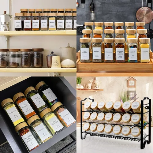 Miniatura 6 de AISIPRIN Tarros de especias de vidrio con 398 etiquetas, 24 piezas de recipientes de especias de 4 onzas con tapas de bambú, botellas cuadradas