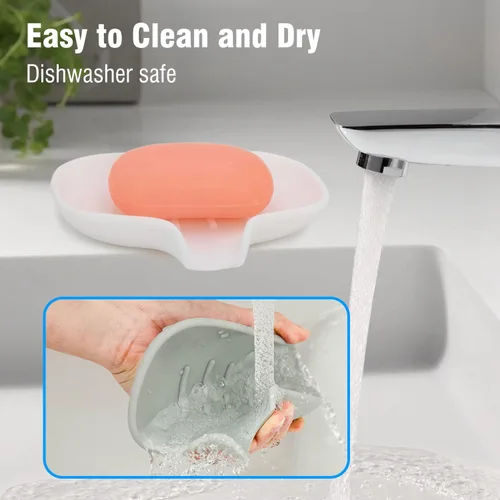 Miniatura 3 de Paquete de 3 jaboneras de silicona con drenaje, soporte para jabón de barra para ducha/baño, bandeja de jabón de cascada autodrenante/ahorrador