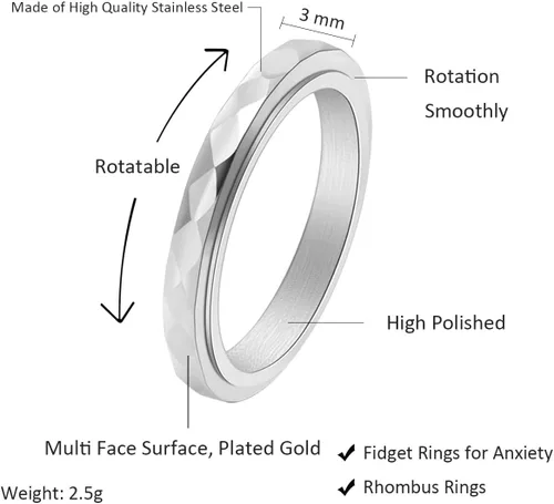 Miniatura 2 de Nanafast Anillos de ansiedad de acero de titanio de 0.118 pulgadas para mujeres y hombres, anillos multifacéticos para ansiedad, anillos giratorios