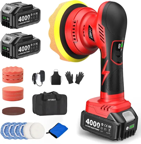 Kit de pulidor de búfer inalámbrico de 6 pulgadas: equipado con 2 baterías de 4000 mAh, pantalla digital y control de 8 velocidades, viene con