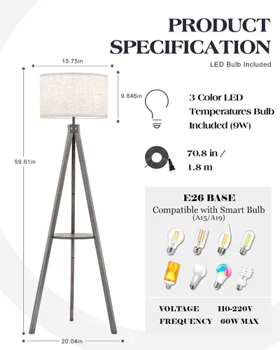 Miniatura 5 de ELYONA Lámpara de pie con trípode de madera estilo granja con mesa, lámpara de pie de lectura moderna con 3 temperaturas de color, bombilla LED