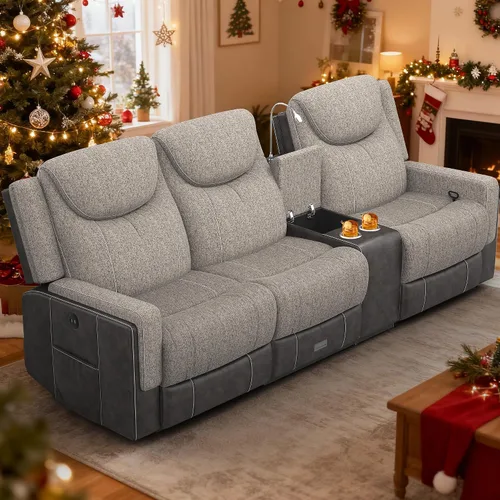 Miniatura 18 de Dresegmt Sofá reclinable, 2 vías multifunción manual de 3 plazas con portavasos, almacenamiento y puertos USB, moderno sofá multifuncional, sofá