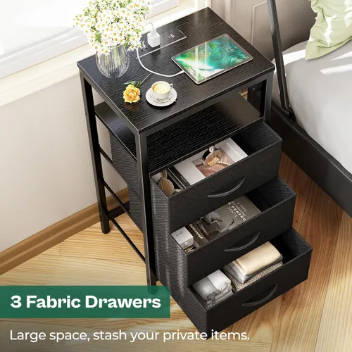 Miniatura 8 de Huuger - Mesita de noche con estación de carga, mesa auxiliar de 27.6 pulgadas con cajones de tela, mesa de noche con puertos USB y tomas de Negro