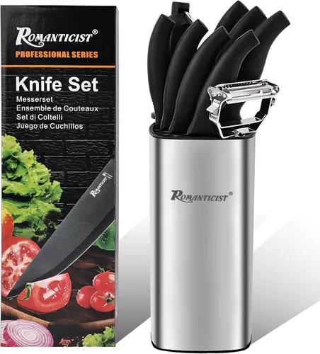 ROMANTICIST Juego de cuchillos de cocina, juego de 10 piezas de cuchillos de acero inoxidable de alto carbono con bloque, juego de cuchillos negros