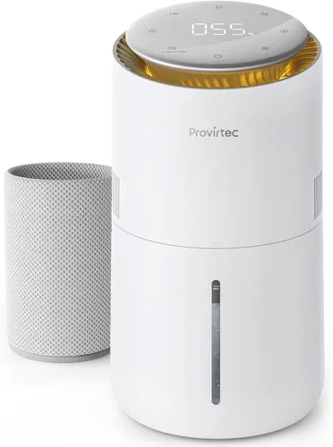 Provirtec Humidificador evaporativo MistFree para dormitorio, 3 L, sin polvo blanco para personas sensibles, control automático de humedad, funciona