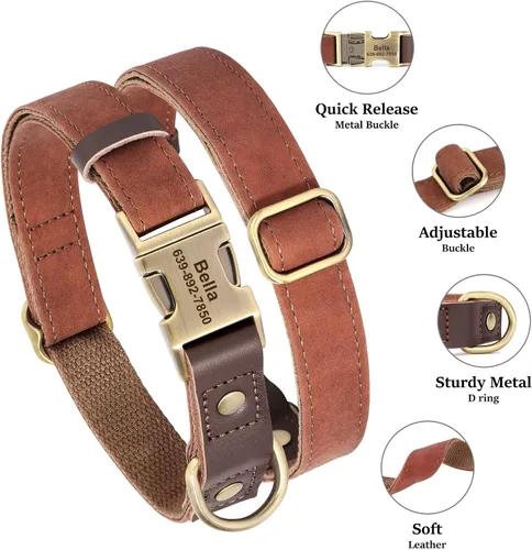 Miniatura 4 de Collares personalizados de piel sintética suave con nombre de mascota y número de teléfono para perros medianos, collares ajustables y duraderos