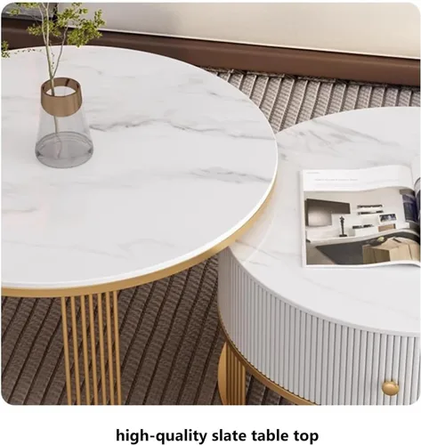Miniatura 4 de Mesa Slate - Juego de 2 mesas auxiliares anidables con 1 cajón y metal resistente y patrón de mármol blanco, mesa auxiliar redonda para sala
