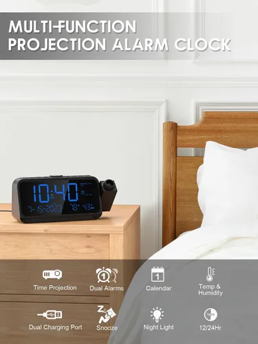 Miniatura 2 de ROCAM Reloj despertador de proyección para techo de dormitorio, reloj digital con proyector de 180° con atenuador de 5 niveles, alarma fuerte dual
