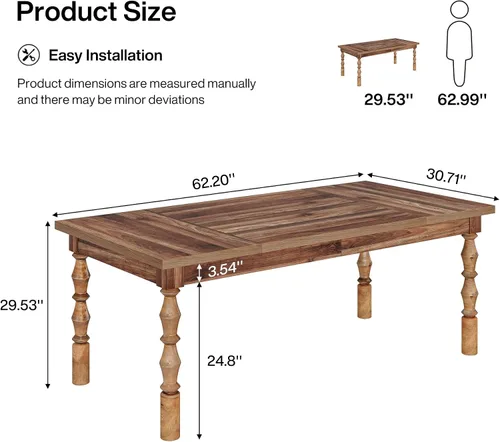 Miniatura 2 de Tribesigns Mesa de comedor de granja de 62 pulgadas para 4-6 personas, mesa de cocina rectangular grande, mesa de comedor, muebles de cocina y Nogal