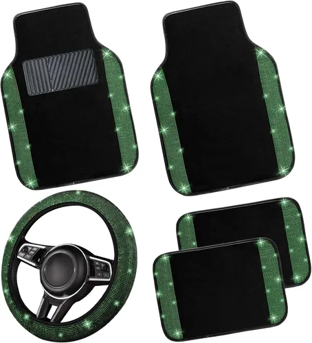Miniatura 14 de NBTEPEM Juego completo de alfombrillas brillantes para piso de automóvil y funda para volante, ajuste universal para la mayoría de los automóviles