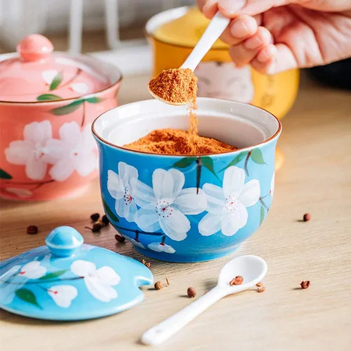 Miniatura 2 de FUYU Tarro de condimentos de cerámica con flores pintadas a mano con tapa y cuchara, recipiente para azúcar Azul