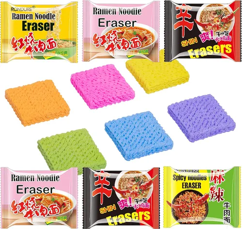 RONDURE Lindos borradores para niños, mini comida a granel, paquete de 16 borradores de fideos ramen picantes para estudiantes, recompensas de aula
