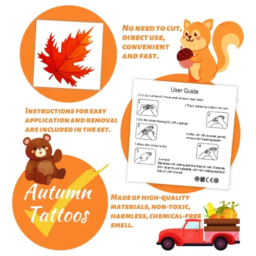 Miniatura 7 de 240 tatuajes temporales de otoño para niños, Acción de Gracias, impermeables, tatuajes de seguridad, la mejor opción para rellenar bolsas