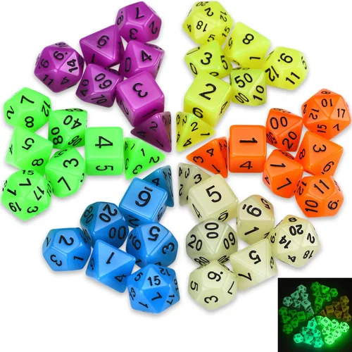Miniatura 5 de Juego de dados DND que brillan en la oscuridad de 11 x 7 pulgadas (77 piezas) para juegos de rol de mesa de Calabozos y Dragones, con una bolsa