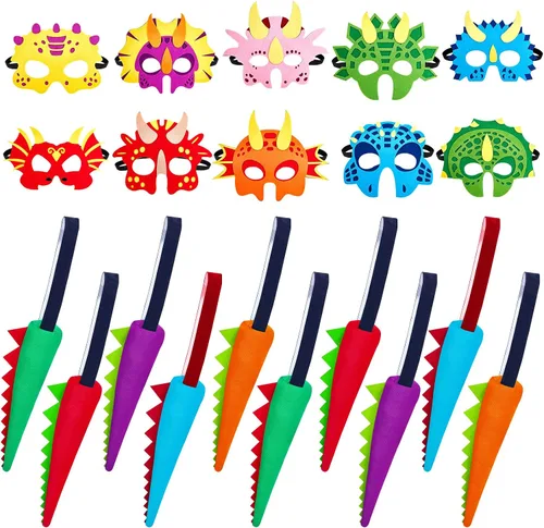 Leitee Juego de 20 dinosaurios de fieltro, 10 colas y 10 máscaras de dragón para recuerdos de fiesta de dinosaurios para niños pequeños, fiesta de