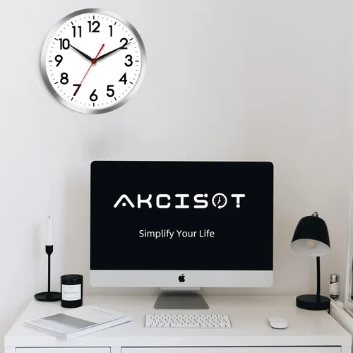 Miniatura 6 de AKCISOT Reloj de pared silencioso de 10 pulgadas, funciona con pilas, sin tictac, moderno reloj plateado decorativo para cocina, baño, dormitorio