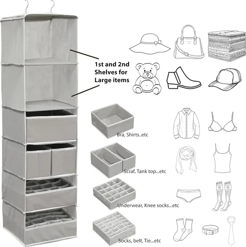 Miniatura 2 de Simple Houseware Organizador de armario colgante de 6 estantes con 5 cajones de almacenamiento, gris