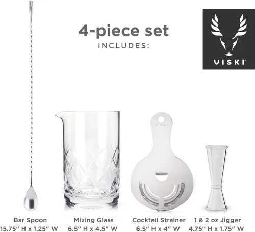 Miniatura 2 de Viski Kit de barman mixology de acero inoxidable, incluye vaso mezclador, colador Hawthorne, doble jigger y cuchara para bebidas revueltas y plateado