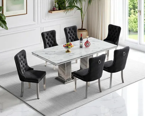 Miniatura 28 de Henf Juego de mesa de comedor de mármol sintético de 68 pulgadas para 6, juego de mesa de comedor de 7 piezas con 6 sillas copetudas de terciopelo