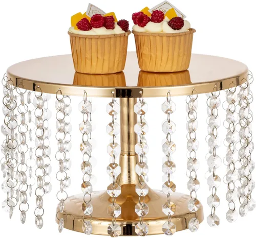 Miniatura 14 de Bigsee Juego de 3 soportes para pasteles dorados, soporte de pastel de metal con espejo, pedestal de pastel con colgantes de cristal y cuentas