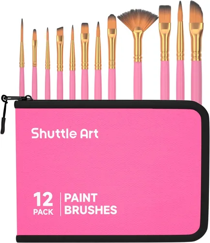 Shuttle Art Juego de 12 pinceles de pintura con estuche, formas y tamaños surtidos para acrílico, acuarela, óleo y gouache, pinceles de artista Rosa