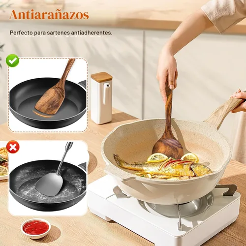 Miniatura 5 de Juego de 2 espátulas de madera, espátula turner sólida y ranurada de acacia, espátulas planas de freír con mango largo, regalo de cocina ideal