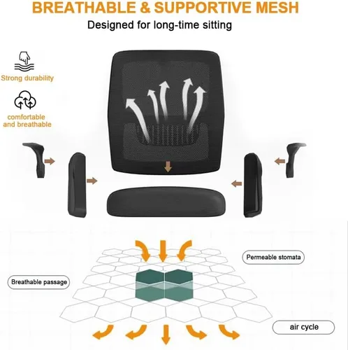 Miniatura 5 de Silla de Oficina para el Hogar Ergonómica con Malla Transpirable Silla de Alto Respaldo con Altura Ajustable Giratoria con Brazos Abatibles y Negro