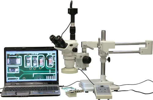 AmScope ZM-4TNW3-80AM-8M Microscopio Digital Profesional Trinocular Estéreo, Oculares EW10x y EW25x, Ampliación 2X-225X, Objetivo de Zoom