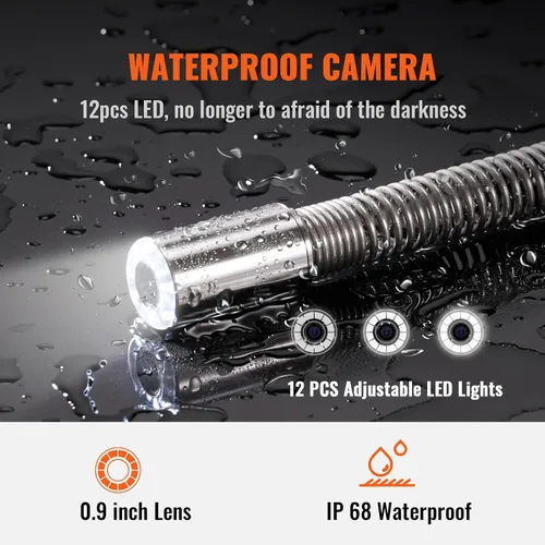 Miniatura 4 de VEVOR Cámara de Alcantarillado 120m/393ft con Pantalla de 9", DVR, Resistente al Agua IP68, 12 LEDs, Tarjeta SD de 16GB para Líneas