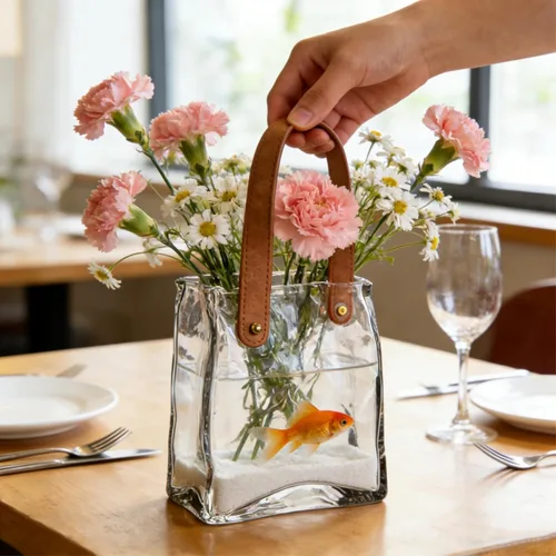 Miniatura 3 de Noamus Jarrón de cristal para flores, jarrones únicos con asa de cuero, florero decorativo con forma de bolso antiarrugas, cuenco de pescado