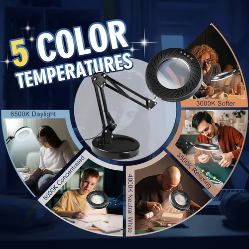 Miniatura 4 de 12 lupas con luz y soporte, 144 LED más brillantes, 10 brillo regulable, 5 modos de color, lámpara de escritorio de metal manos libres para lectura