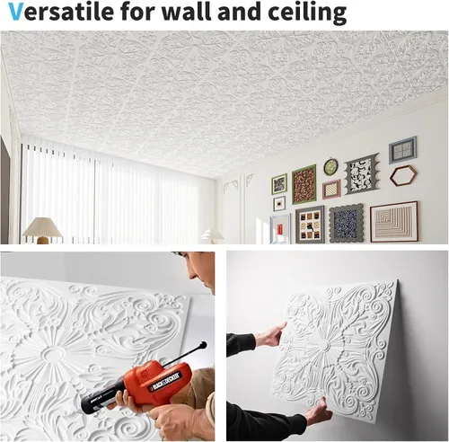 Miniatura 6 de Azulejos decorativos para techo Art3d de 5 cm x 5 cm con pegamento, para colocar en el techo, 24 x 24, paquete de 12 azulejos con flores españolas