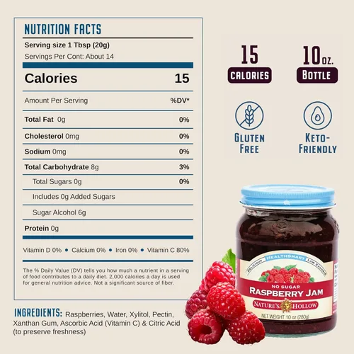 Miniatura 2 de Nature's Hollow Mermelada de Frambuesa: Mermelada y Conservas Sin Azúcar, Bajas Calorías, Sin OGM, Mermelada Keto, Vegana, Sin Gluten y Apta