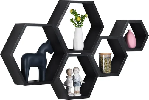 Miniatura 14 de PHOENANCEE - Estantes flotantes hexagonales, juego de 3 estantes de nido de abeja, estantes de pared de madera estilo granja para almacenamiento