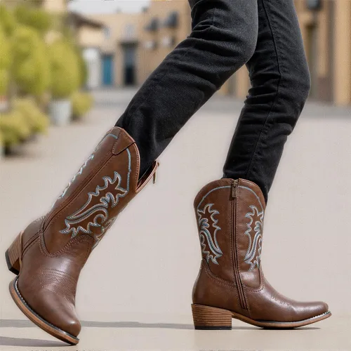Miniatura 8 de Jeossy Botas vaqueras para mujer, vaquera occidental, a media pantorrilla, puntera redonda, bordadas, con cremallera