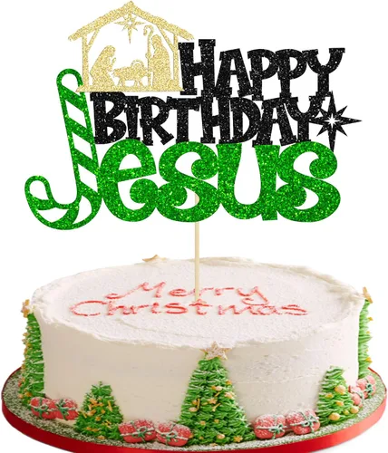 1 decoración para pastel de Jesús de feliz cumpleaños, decoración para tartas de Navidad de Jesús, decoración cristiana de invierno, color negro,